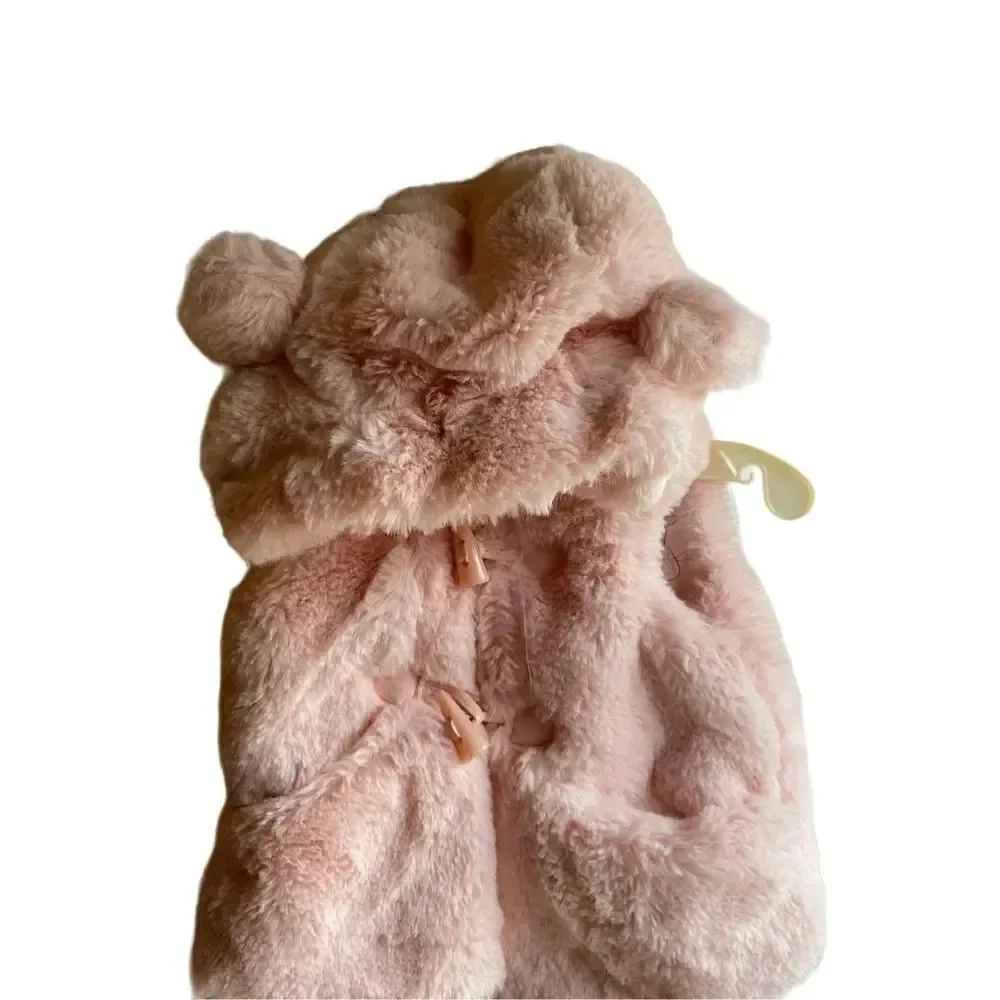 Catherine Malandrino light pink, faux fur teddy bear vest, size 3/6 months ￼